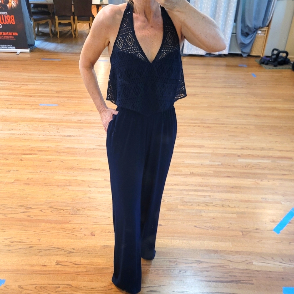 GUESS Elegant Jumper Catsuit Los Angeles Navy Blue Black V Neck Halter Lace